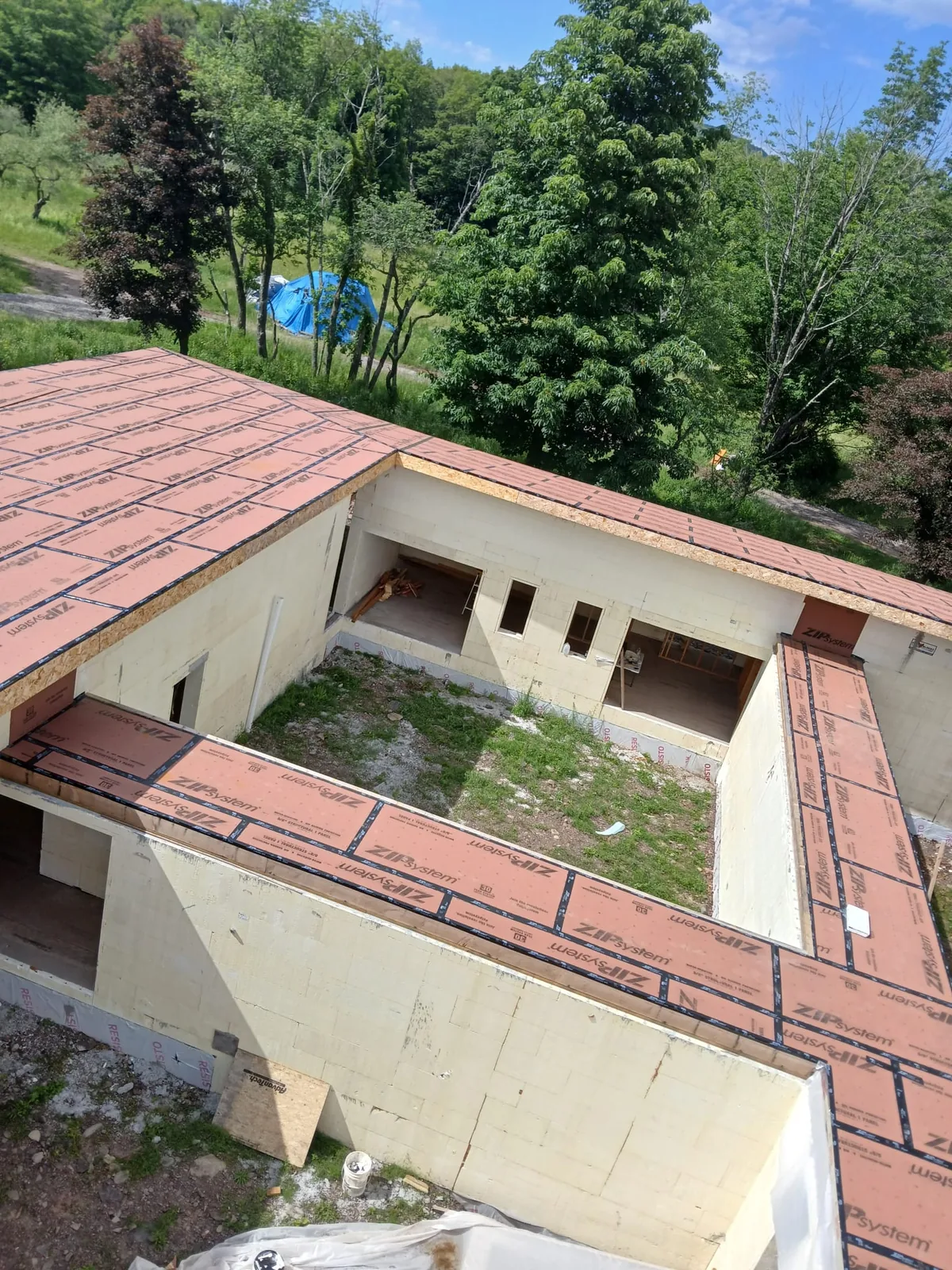 New construction roof deck and framing from above